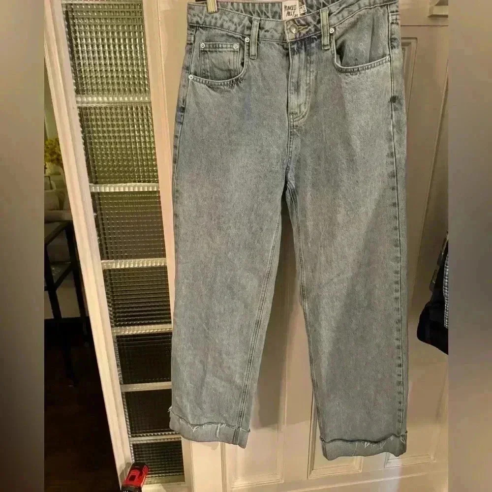 Princess Polly wide leg cuffed raw hem high waisted light wash size 4